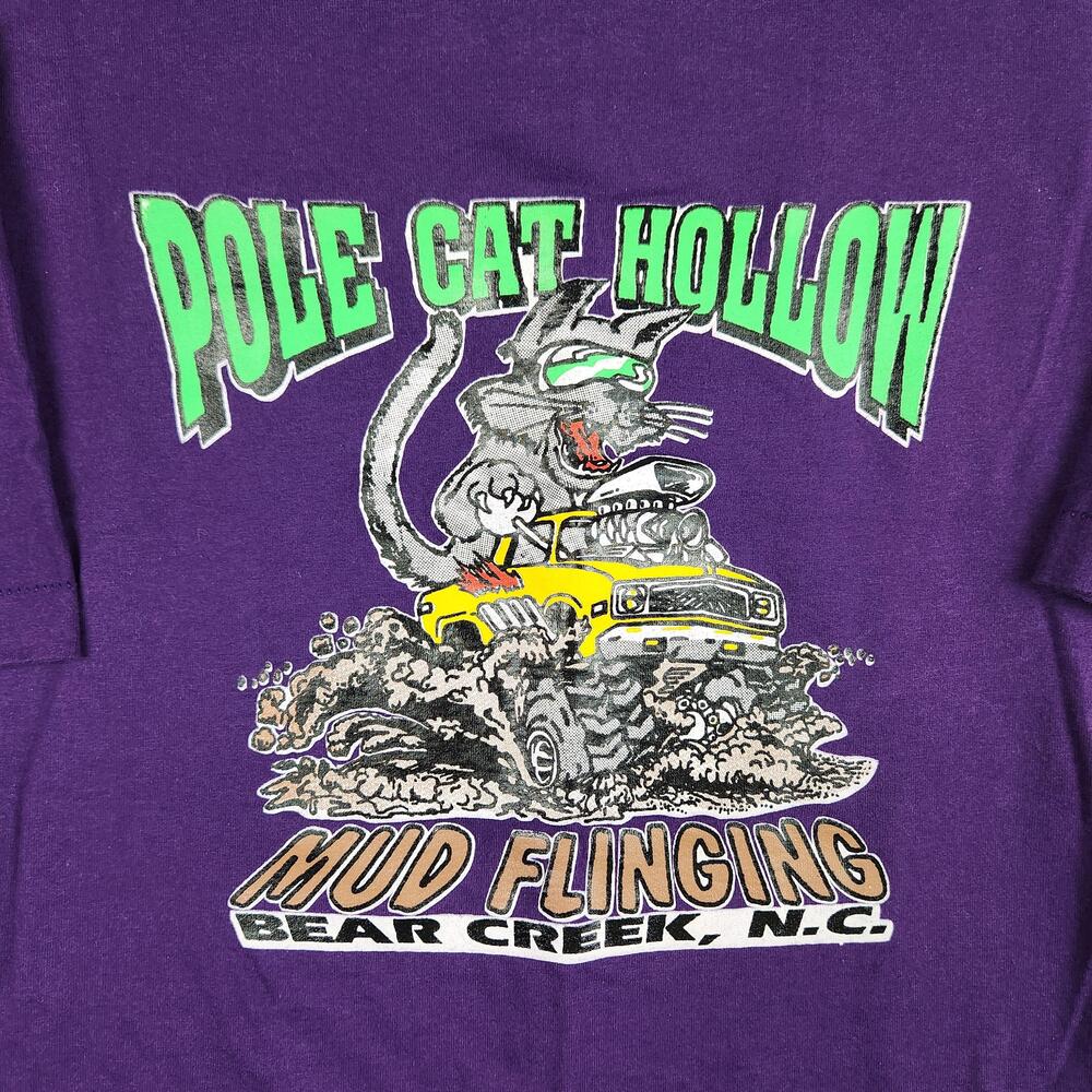 Vintage Pole Cat Hollow Shirt Mens XL Purple Mud Flinging Bear Creek 90s Graphic